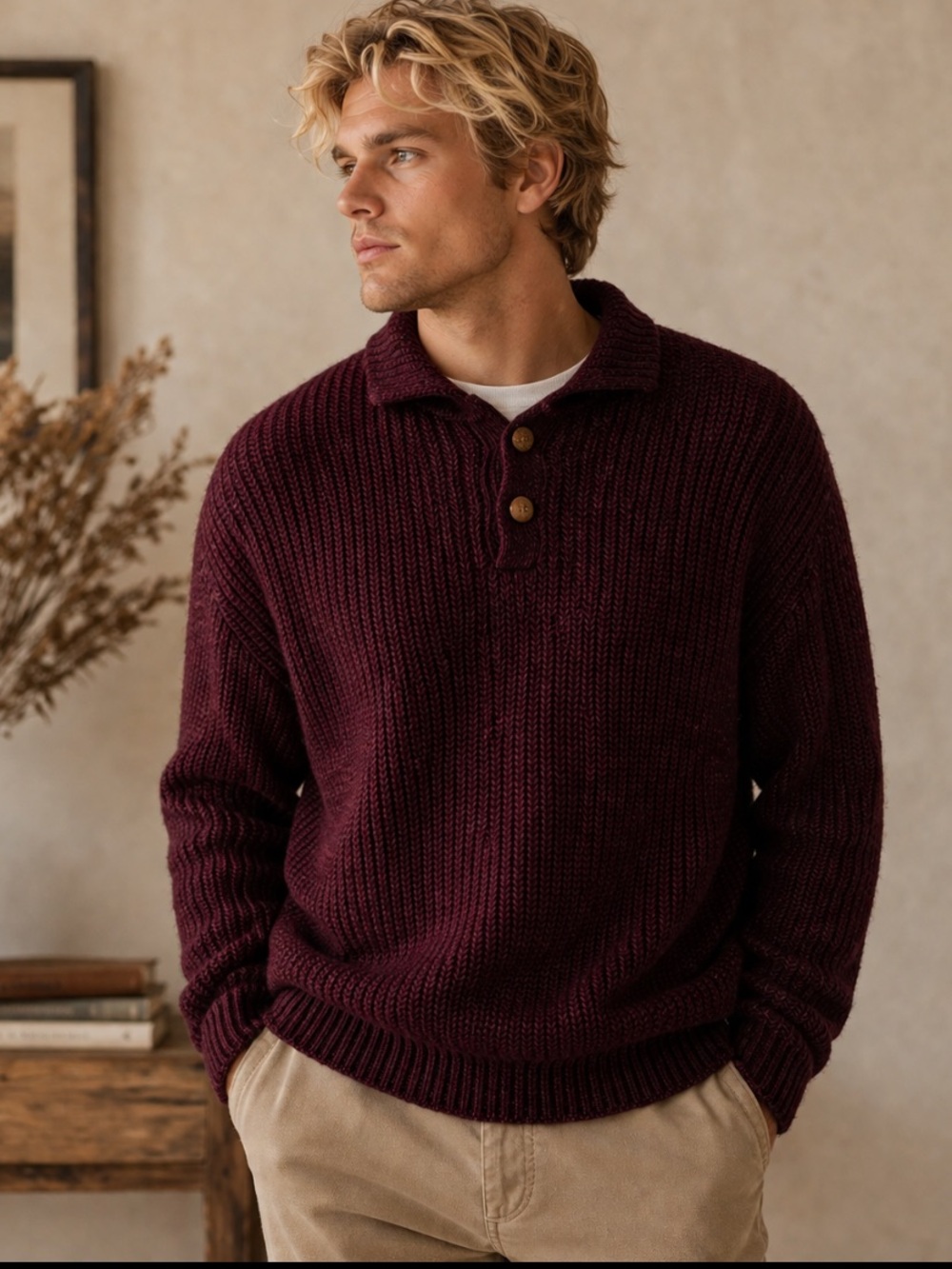 Vintage Wool Fisherman Sweater Burgundy Cable Knit Wood Buttons Mens M